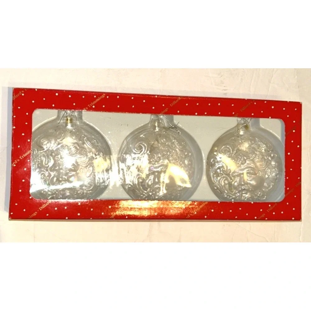 Vintage Dillard's Santa‎ Glass Ornament Christmas Glitter Clear Set Of 3